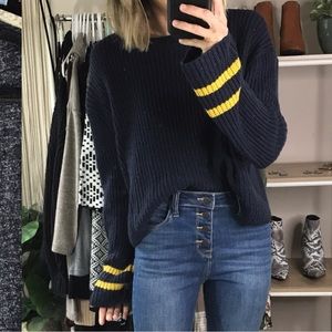 Navy, w/Mustard Stripe Detail Semi-Cropped Wide Cut Loose Fit Sweater, Crew Neck